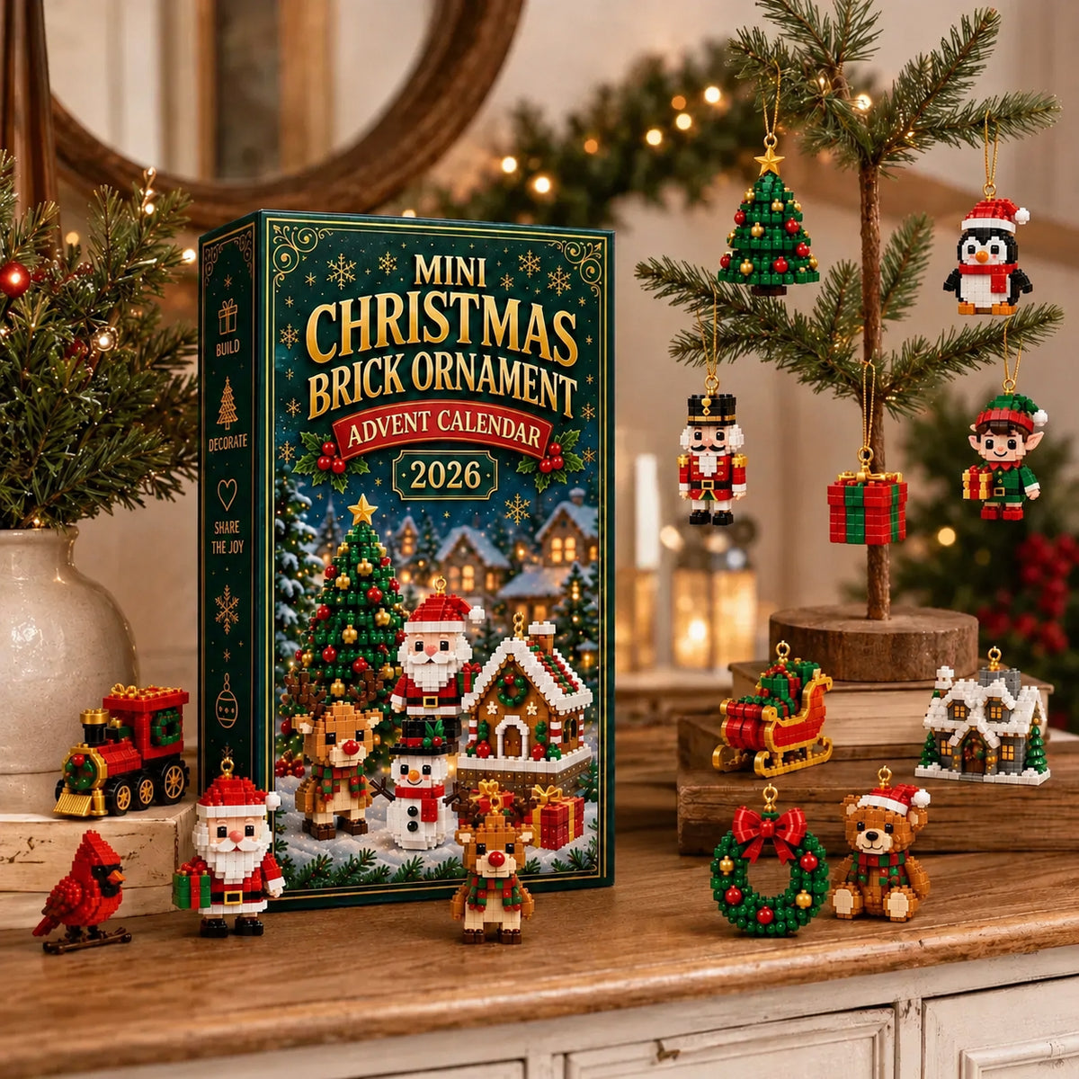 Sparklyra® 24-Day Mini Christmas Brick Ornament Advent Calendar – 24 Unique Buildable Holiday Models🎁!!