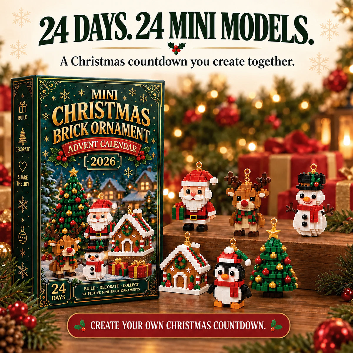 Sparklyra® 24-Day Mini Christmas Brick Ornament Advent Calendar – 24 Unique Buildable Holiday Models🎁