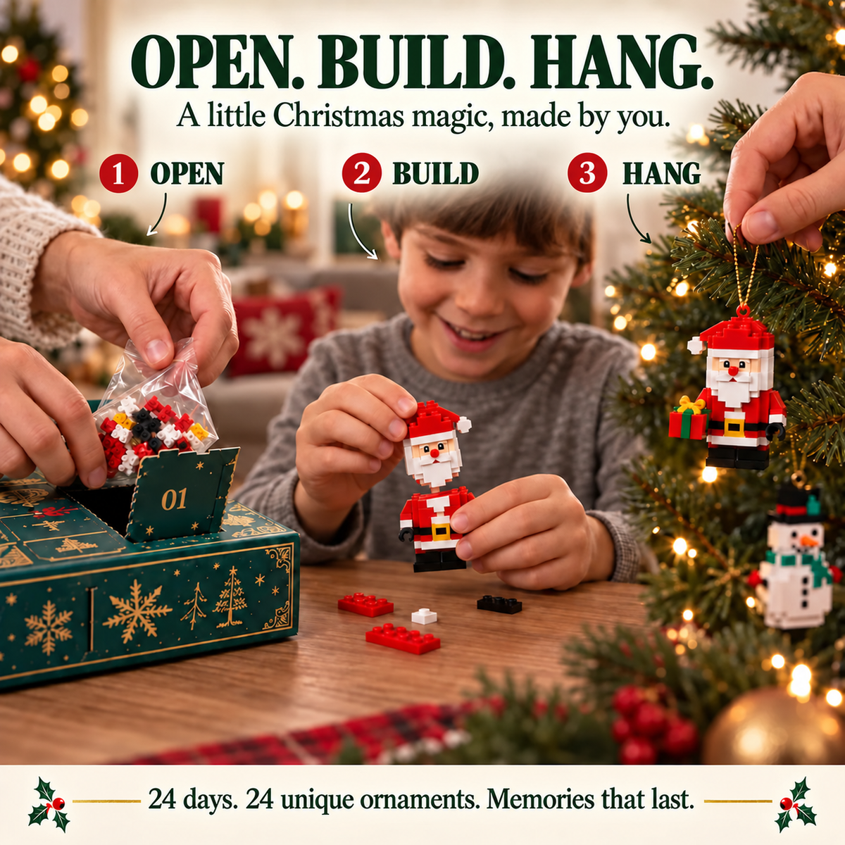 Sparklyra® 24-Day Mini Christmas Brick Ornament Advent Calendar – 24 Unique Buildable Holiday Models🎁