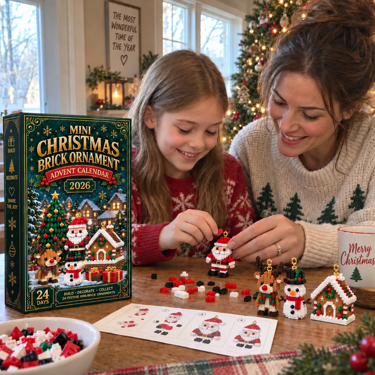 Sparklyra® 24-Day Mini Christmas Brick Ornament Advent Calendar – 24 Unique Buildable Holiday Models🎁