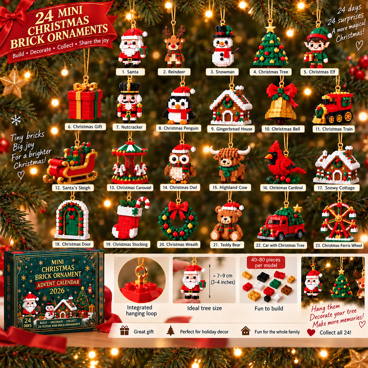 Sparklyra® 24-Day Mini Christmas Brick Ornament Advent Calendar – 24 Unique Buildable Holiday Models🎁
