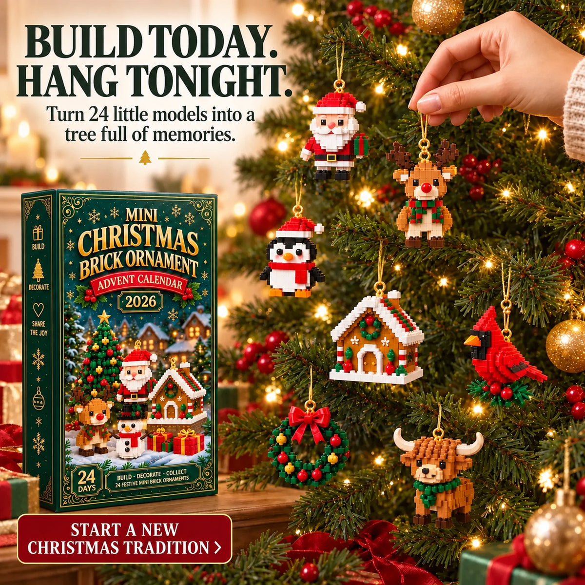 Sparklyra® 24-Day Mini Christmas Brick Ornament Advent Calendar – 24 Unique Buildable Holiday Models🎁