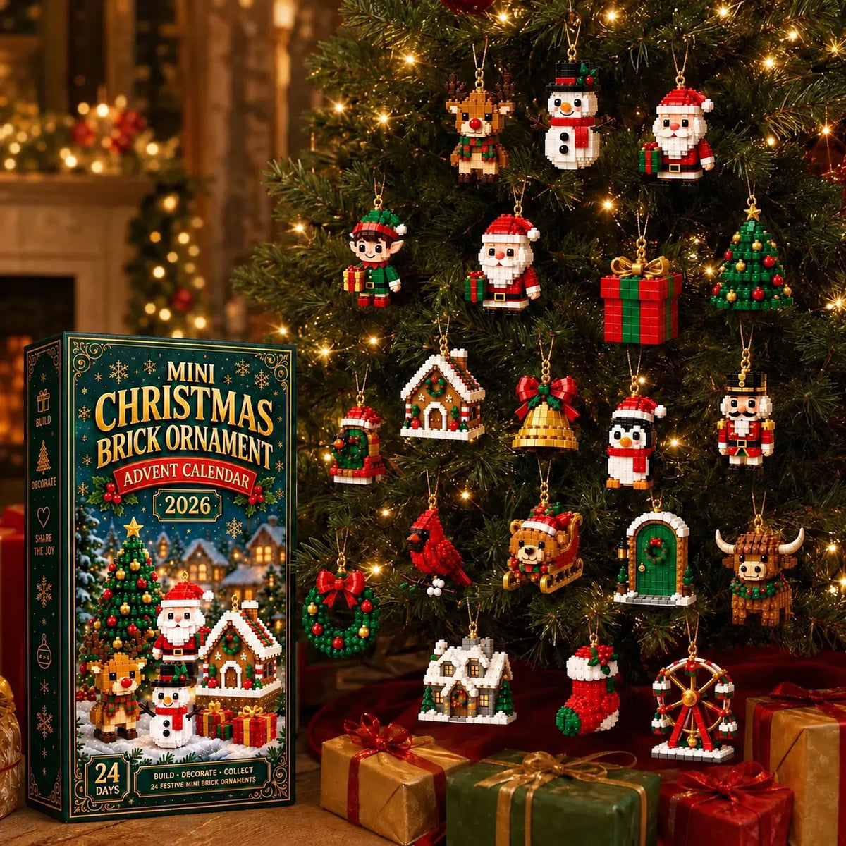 Sparklyra® 24-Day Mini Christmas Brick Ornament Advent Calendar – 24 Unique Buildable Holiday Models🎁